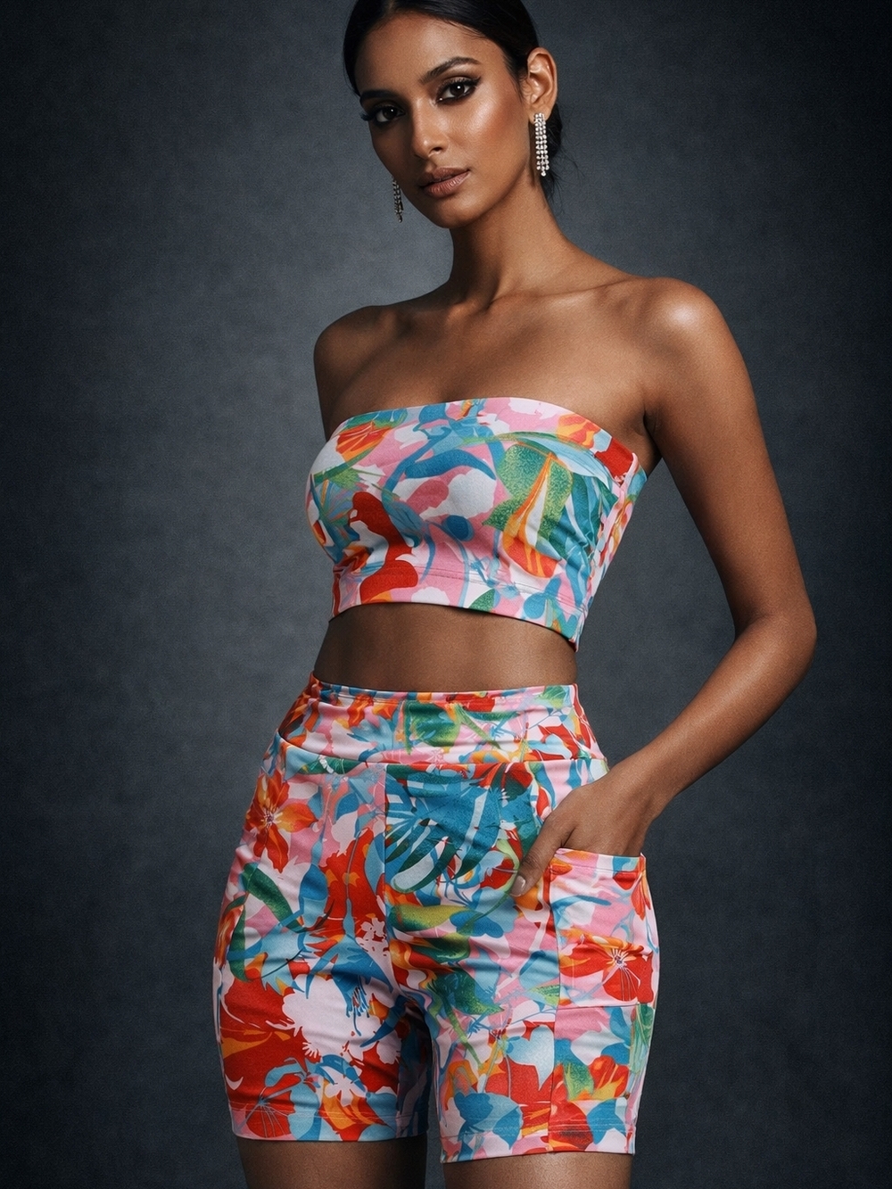 No Boundaries Multicolor Tropical High-Waist Shorts Set